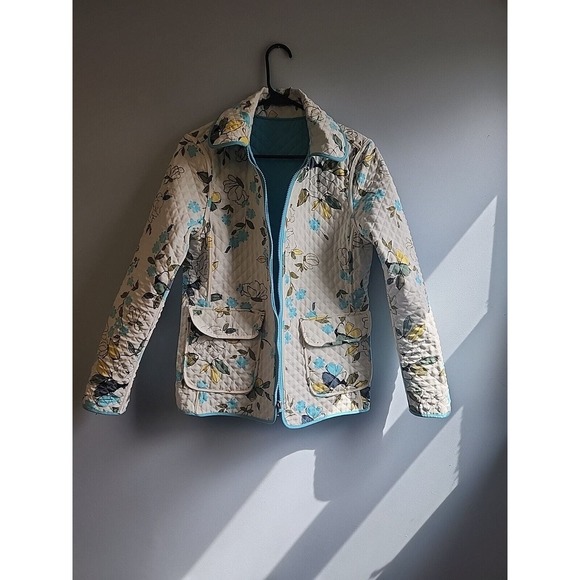 ESPRIT Diamond Quilted Reversible Jacket Teal Blue Floral Print Pockets Retro S - Picture 5 of 7